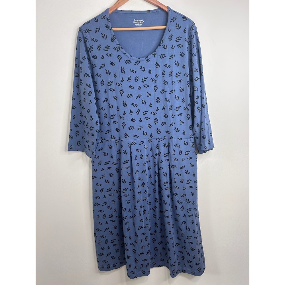 Vermont Country Store Blue Floral Leaf Jersey Chore‎ Dress Pockets Sz L Casual